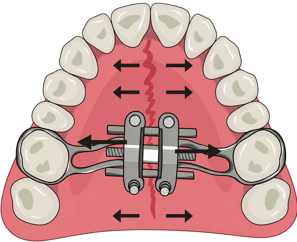 Palatal expander diagram with arrows showing widening of the upper dental arch