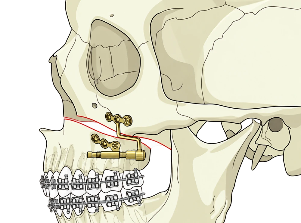 Side-view skull diagram showing an upper-jaw osteotomy and a distraction device