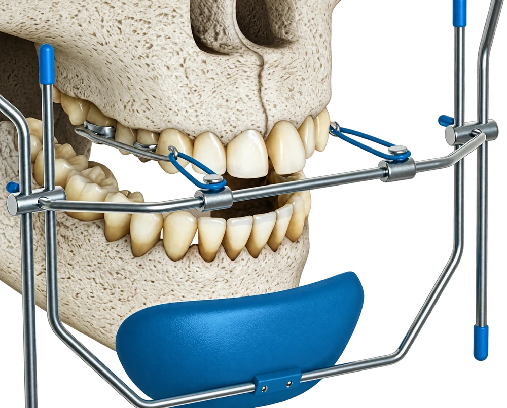 Side view of a skull model with reverse-pull facemask equipment attached to the upper jaw