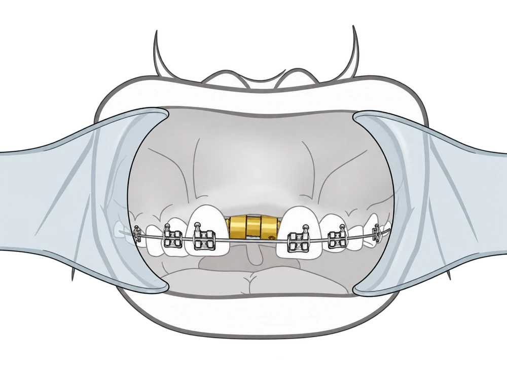 Front-view mouth illustration showing a lower-jaw distraction device behind the braces