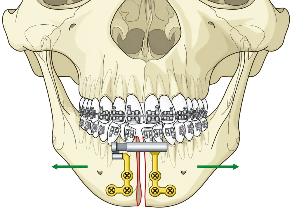 Front-view lower-jaw diagram with a distraction device and outward expansion arrows