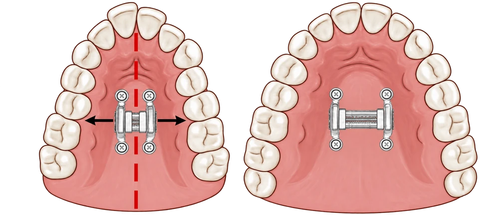 Upper-arch diagram with a palatal expander and outward expansion arrows